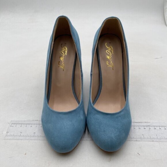 FOWT Women's Classic Wedge Pumps Basic Closed Almond Toe Thick High Heels Blue - Picture 3 of 8